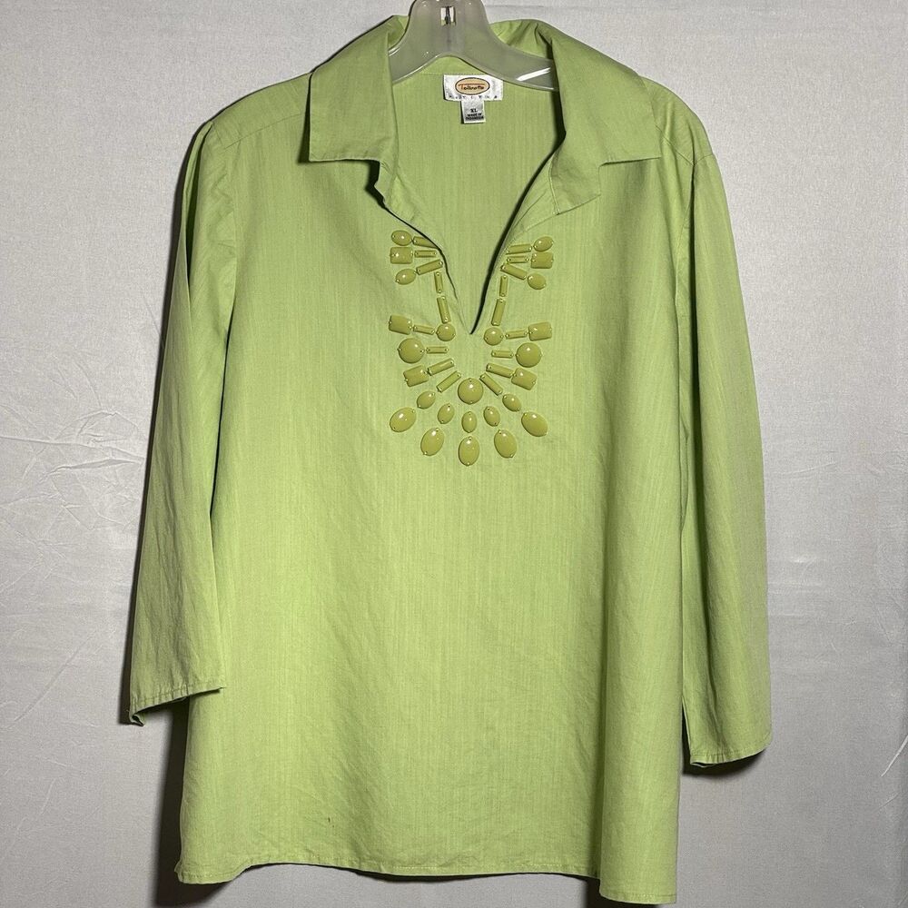 Talbots Petites XL Lime Green Cotton Linen Embellished Tunic Top 3/4 Sleeves